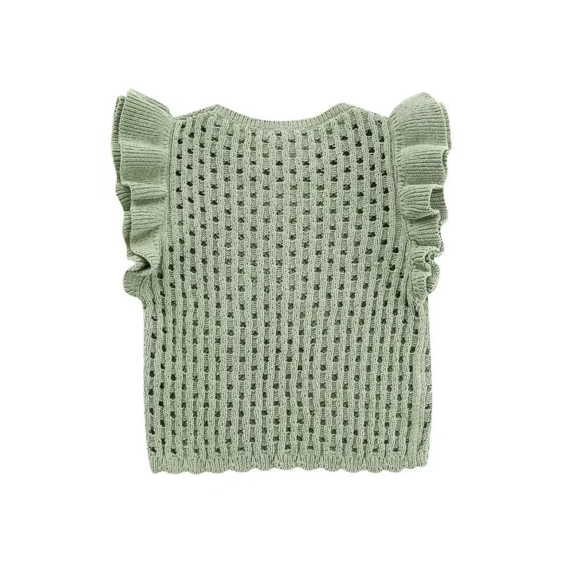 KEYANKETIAN Summer New Women's Hollow Crochet Short Sleeve Knitwear Boho Style Cascading Sweet O-Neck Light Sweater Crop Top