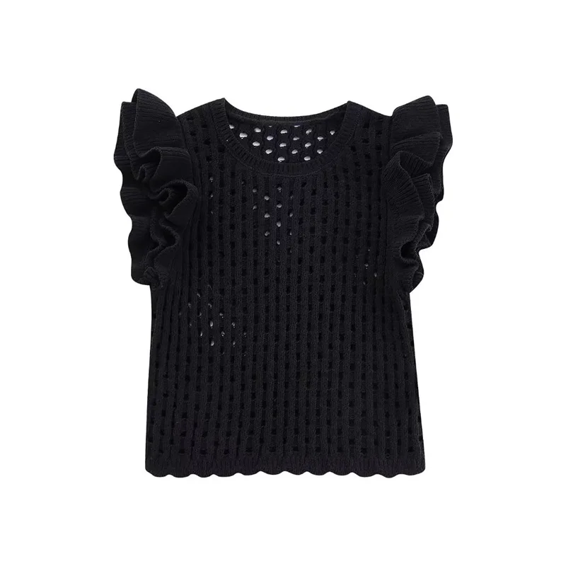 KEYANKETIAN Summer New Women's Hollow Crochet Short Sleeve Knitwear Boho Style Cascading Sweet O-Neck Light Sweater Crop Top