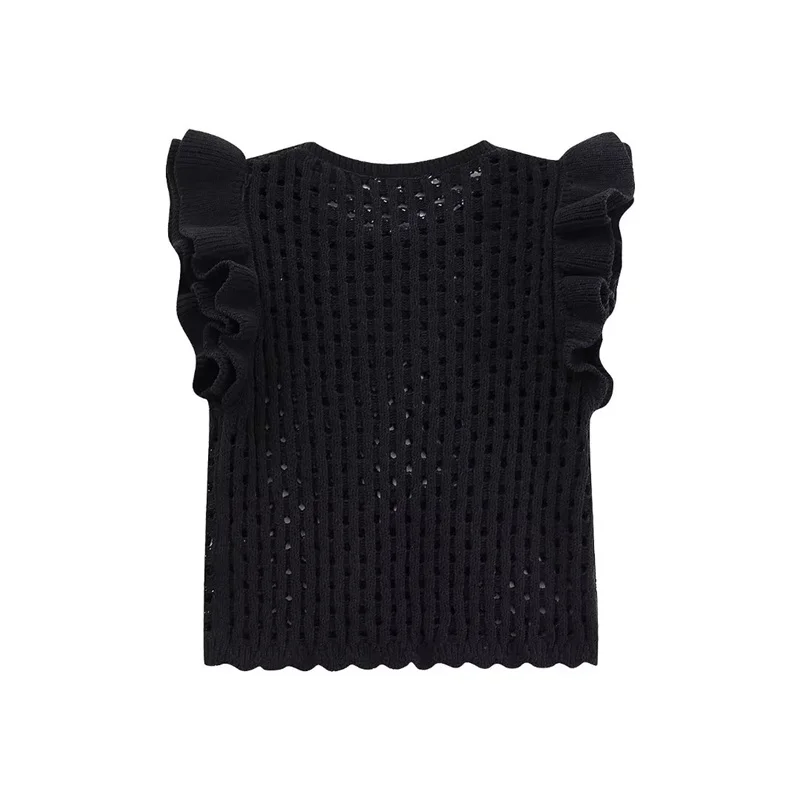 KEYANKETIAN Summer New Women's Hollow Crochet Short Sleeve Knitwear Boho Style Cascading Sweet O-Neck Light Sweater Crop Top