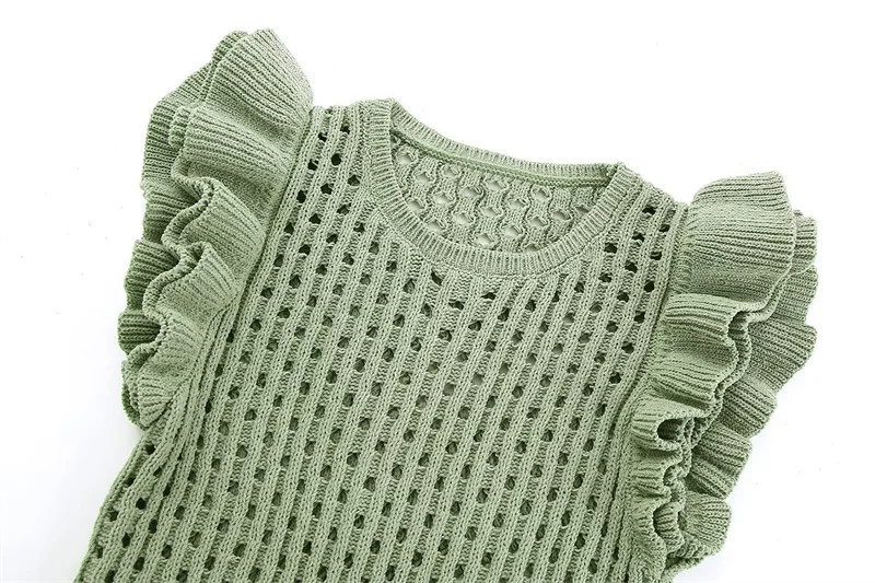 KEYANKETIAN Summer New Women's Hollow Crochet Short Sleeve Knitwear Boho Style Cascading Sweet O-Neck Light Sweater Crop Top