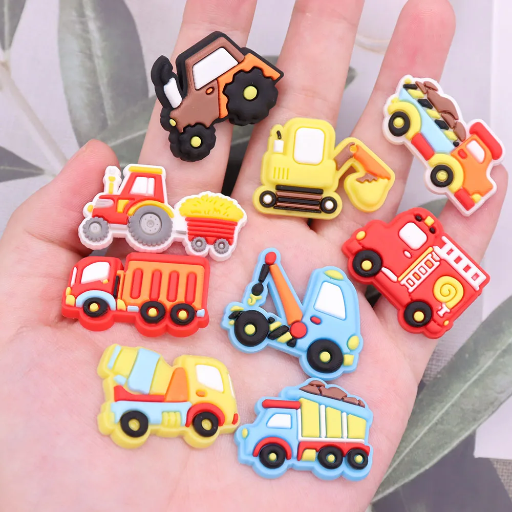 Single Sale 1pcs PVC Shoe Charms Fire Engine Excavator Crane Truck Hole Slipper Accessories Shoes Ornament For Children Gift