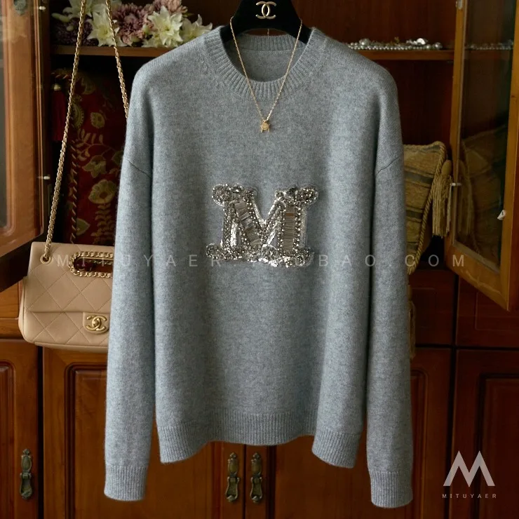 Autumn/winter new 100% pure cashmere sweater women M letter nailed beaded embroidery round neck knitted jumper wool base sweater