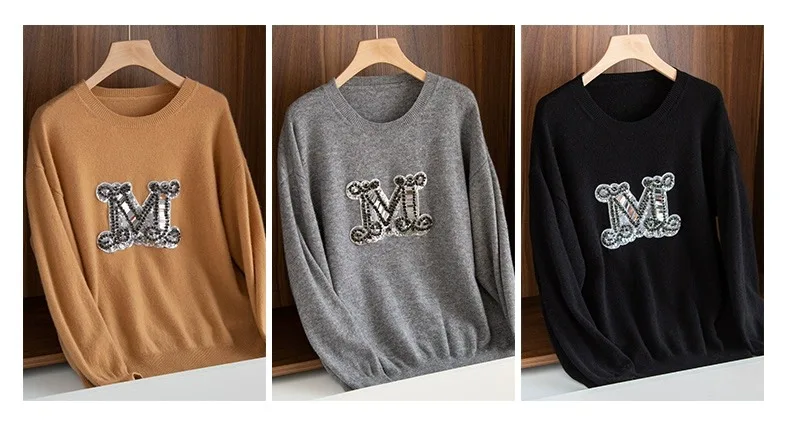 Autumn/winter new 100% pure cashmere sweater women M letter nailed beaded embroidery round neck knitted jumper wool base sweater