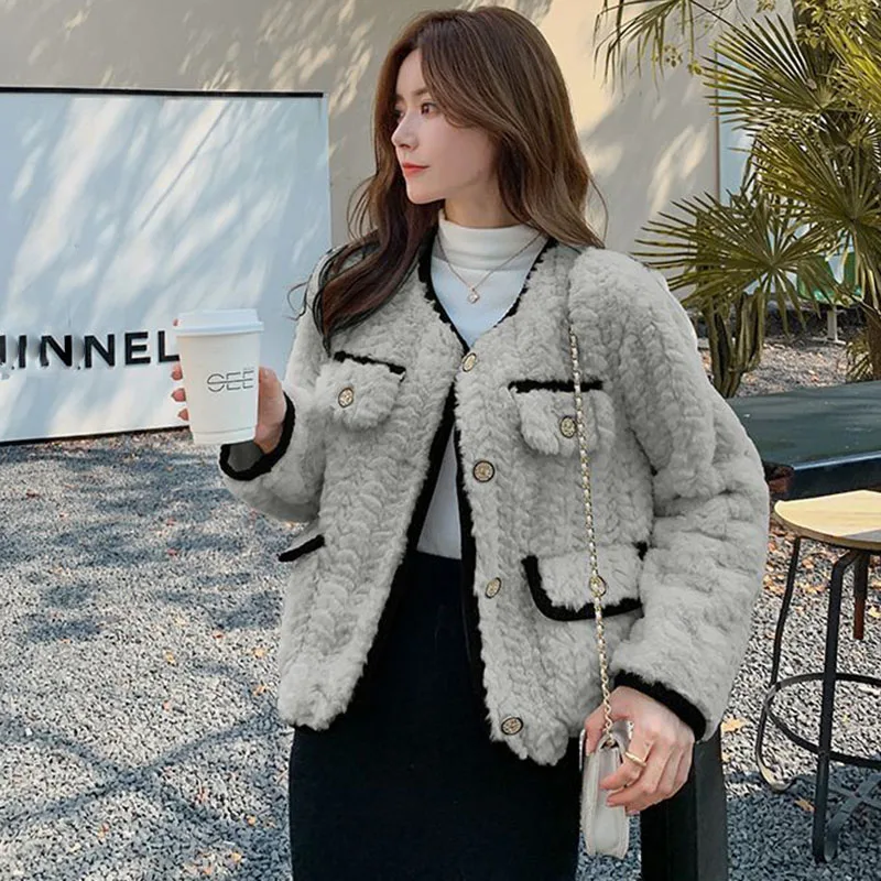Lucyever Korean Chic White Lamb Wool Jacket Ladies Fashion Streetwear Warm Plush Outwear Women Autumn Winter New Faux Fur Coat