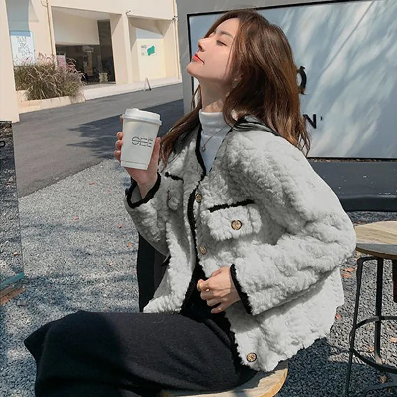 Lucyever Korean Chic White Lamb Wool Jacket Ladies Fashion Streetwear Warm Plush Outwear Women Autumn Winter New Faux Fur Coat