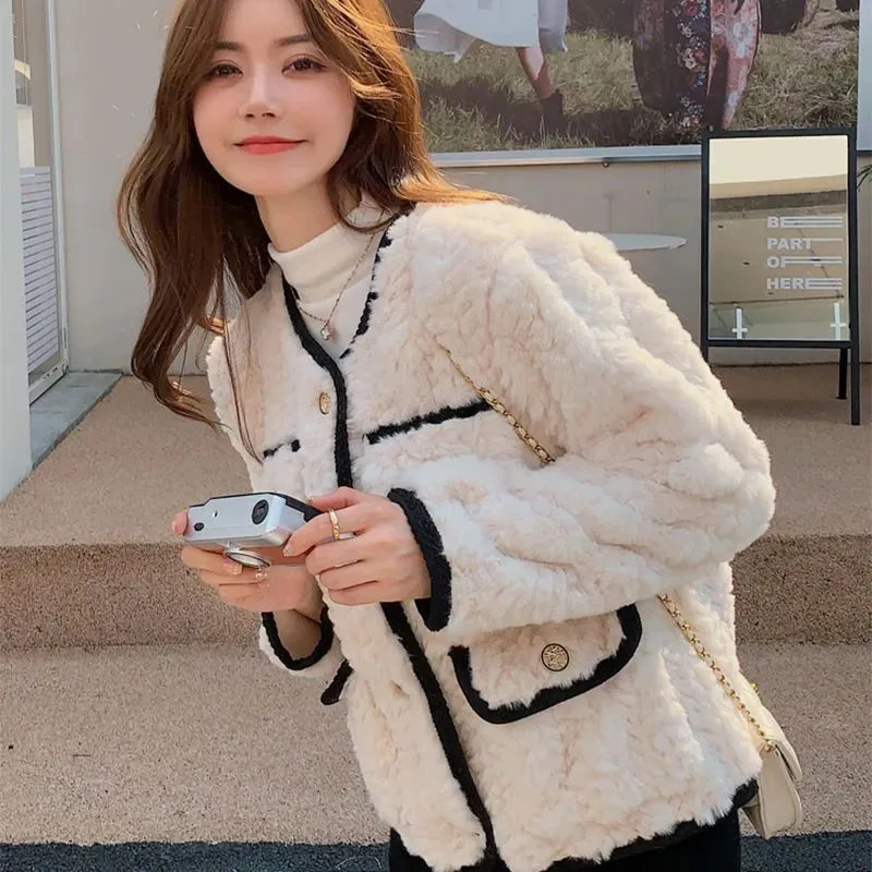 Lucyever Korean Chic White Lamb Wool Jacket Ladies Fashion Streetwear Warm Plush Outwear Women Autumn Winter New Faux Fur Coat