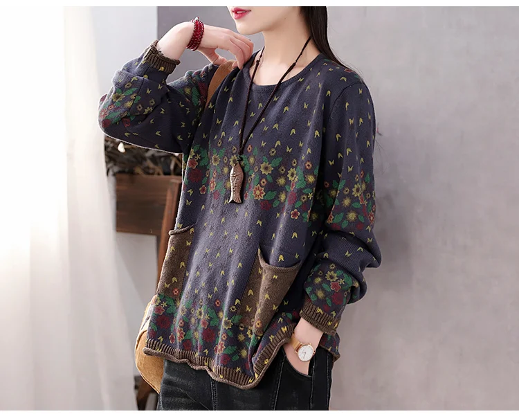 Amax luluE Brand Spring Korean Floral Sweaters Women Printed Vintage Classic Leisure Jumpers 2023 Ladies Casual Knitted Pullover
