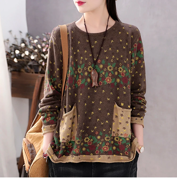 Amax luluE Brand Spring Korean Floral Sweaters Women Printed Vintage Classic Leisure Jumpers 2023 Ladies Casual Knitted Pullover