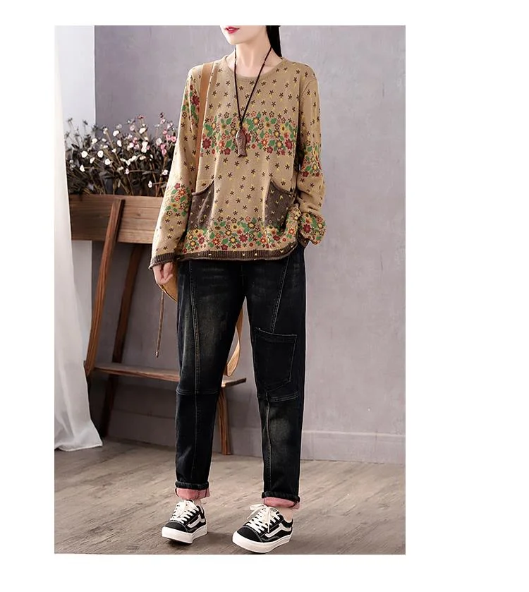 Amax luluE Brand Spring Korean Floral Sweaters Women Printed Vintage Classic Leisure Jumpers 2023 Ladies Casual Knitted Pullover
