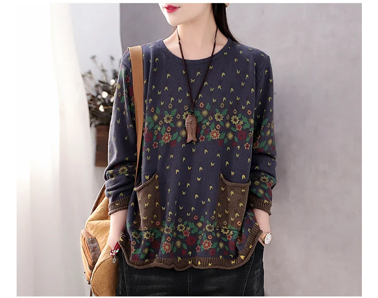 Amax luluE Brand Spring Korean Floral Sweaters Women Printed Vintage Classic Leisure Jumpers 2023 Ladies Casual Knitted Pullover