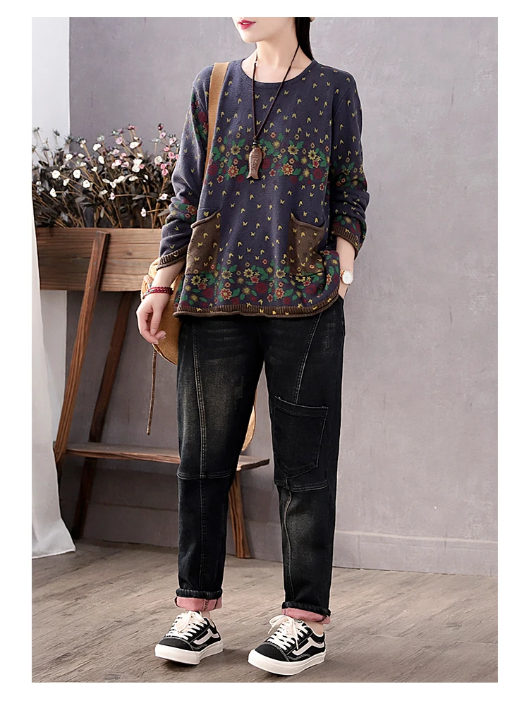 Amax luluE Brand Spring Korean Floral Sweaters Women Printed Vintage Classic Leisure Jumpers 2023 Ladies Casual Knitted Pullover