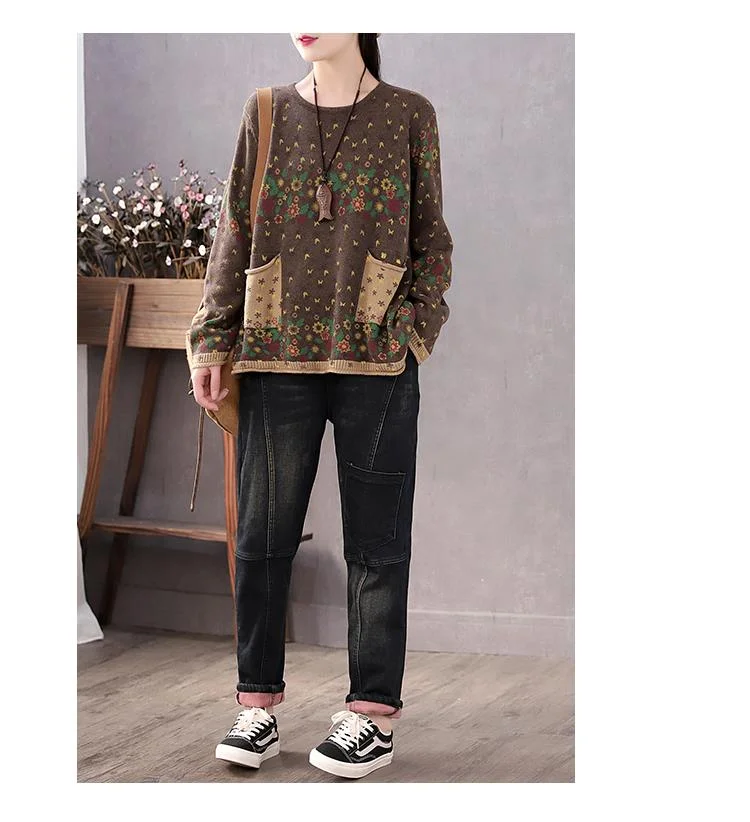 Amax luluE Brand Spring Korean Floral Sweaters Women Printed Vintage Classic Leisure Jumpers 2023 Ladies Casual Knitted Pullover
