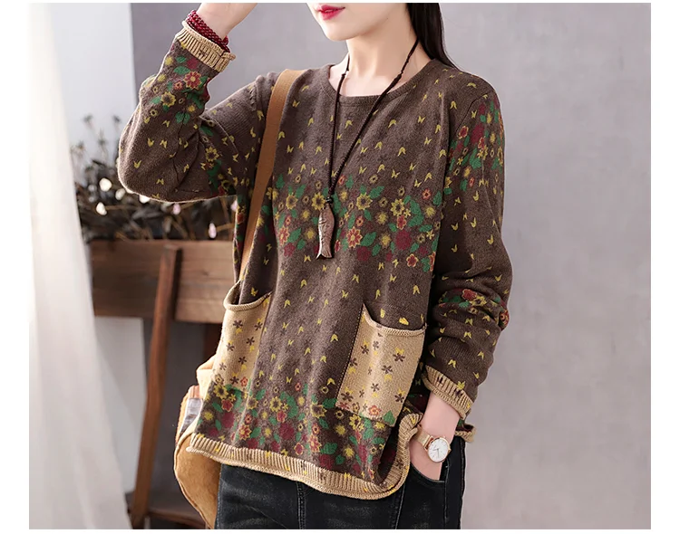 Amax luluE Brand Spring Korean Floral Sweaters Women Printed Vintage Classic Leisure Jumpers 2023 Ladies Casual Knitted Pullover