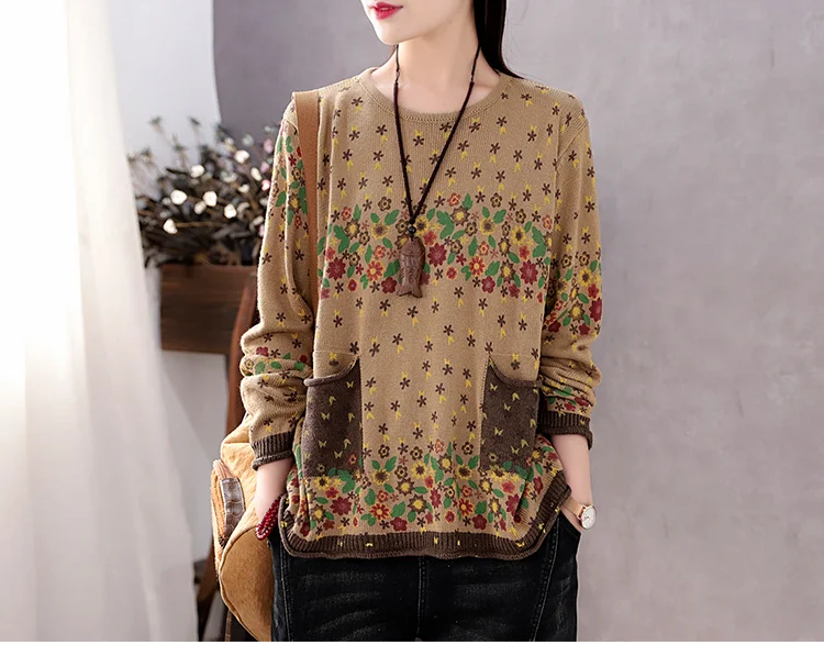 Amax luluE Brand Spring Korean Floral Sweaters Women Printed Vintage Classic Leisure Jumpers 2023 Ladies Casual Knitted Pullover