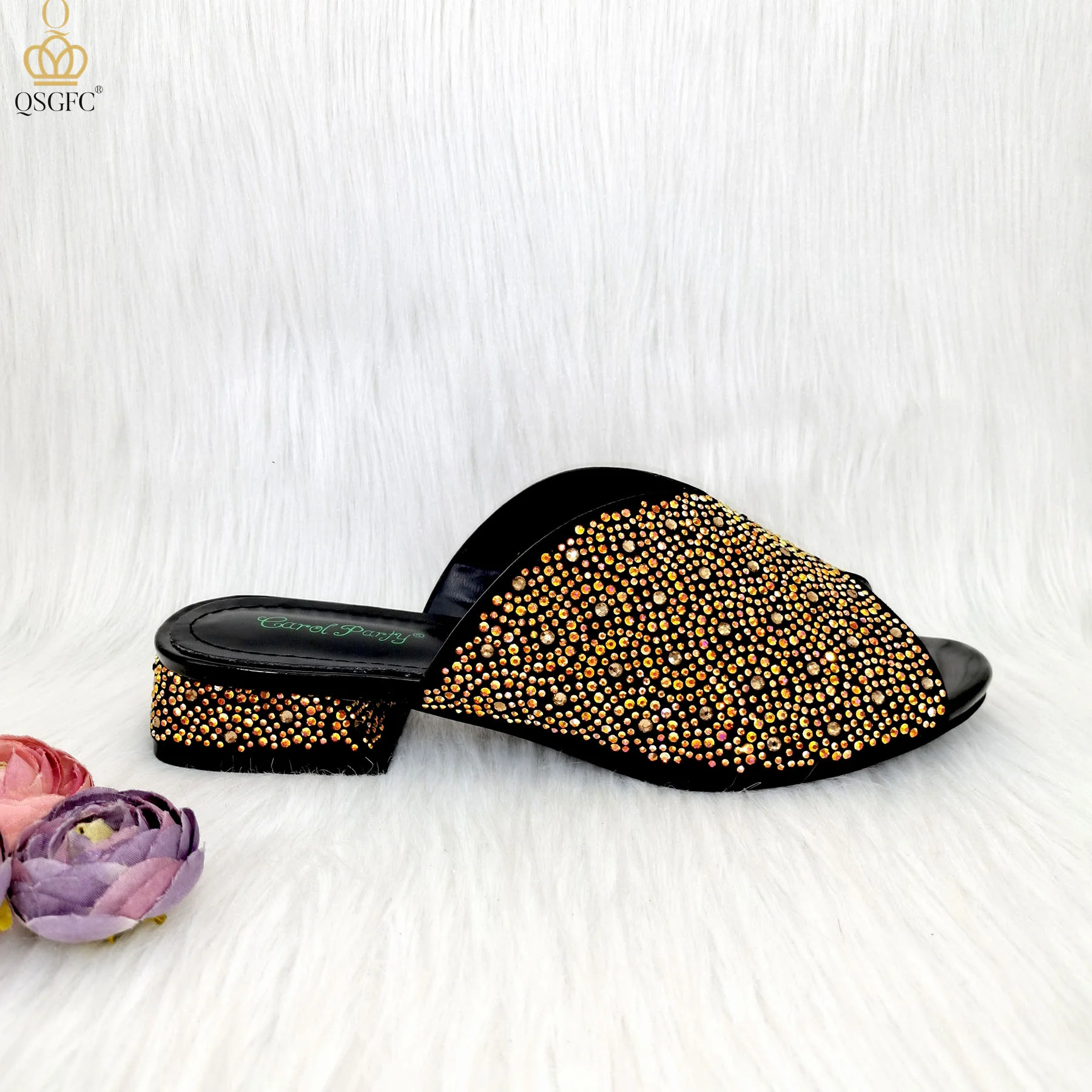 QSGFC Italian Design Fashion Crystal Sandals Nigeria Africa Popular High Heel Shoe Bag Set Casual Versatile Fish Mouth Shoes
