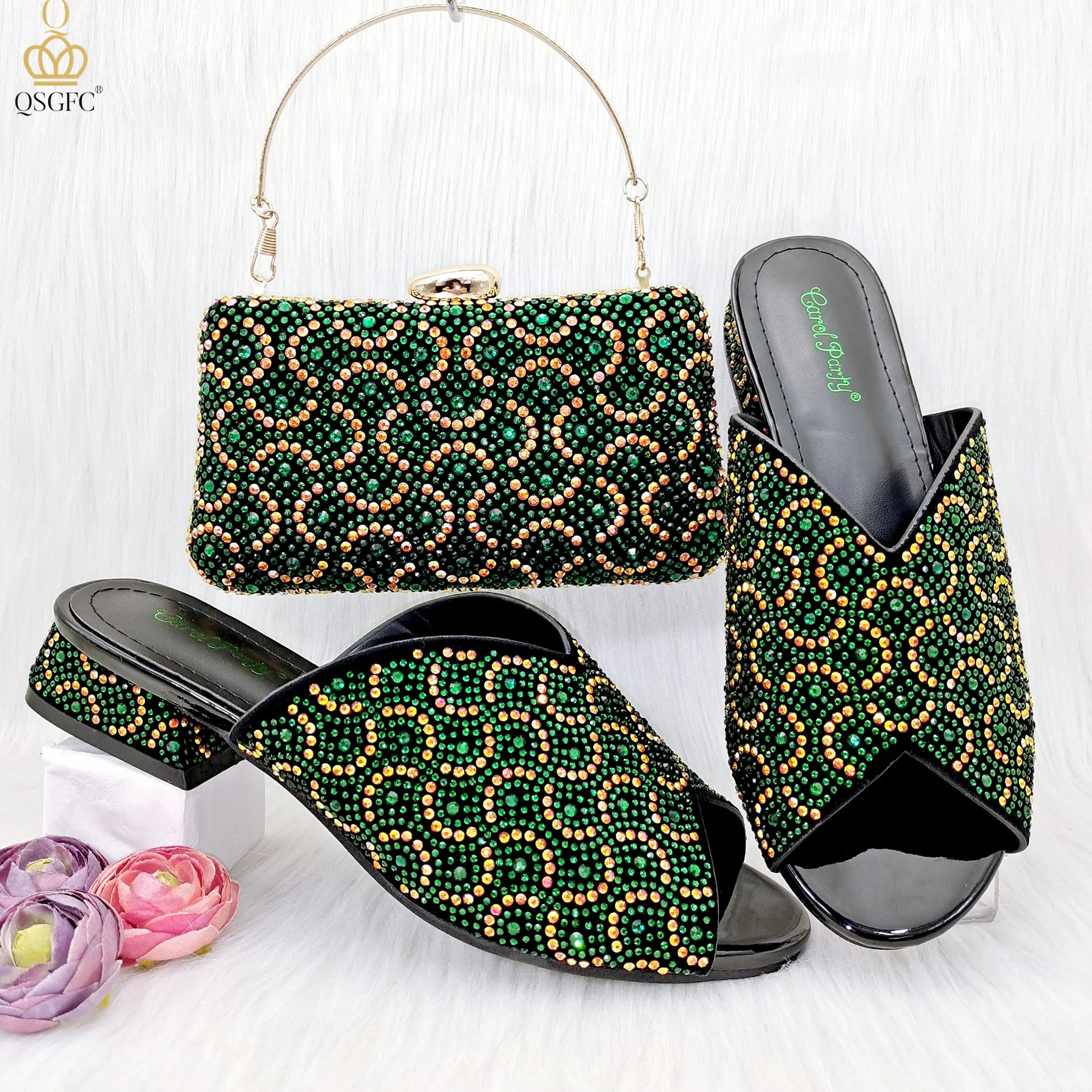 QSGFC Italian Design Fashion Crystal Sandals Nigeria Africa Popular High Heel Shoe Bag Set Casual Versatile Fish Mouth Shoes