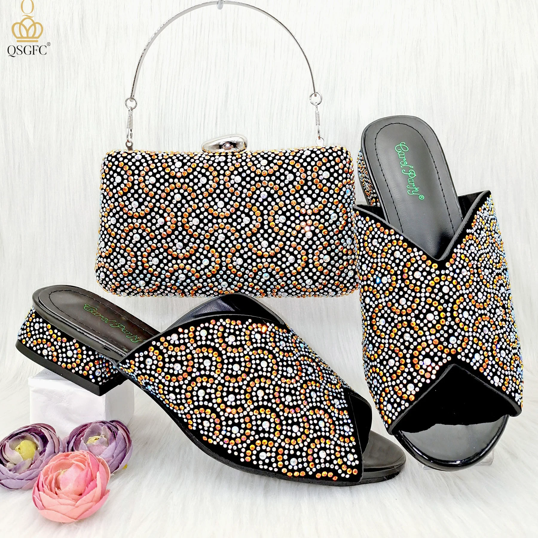 QSGFC Italian Design Fashion Crystal Sandals Nigeria Africa Popular High Heel Shoe Bag Set Casual Versatile Fish Mouth Shoes