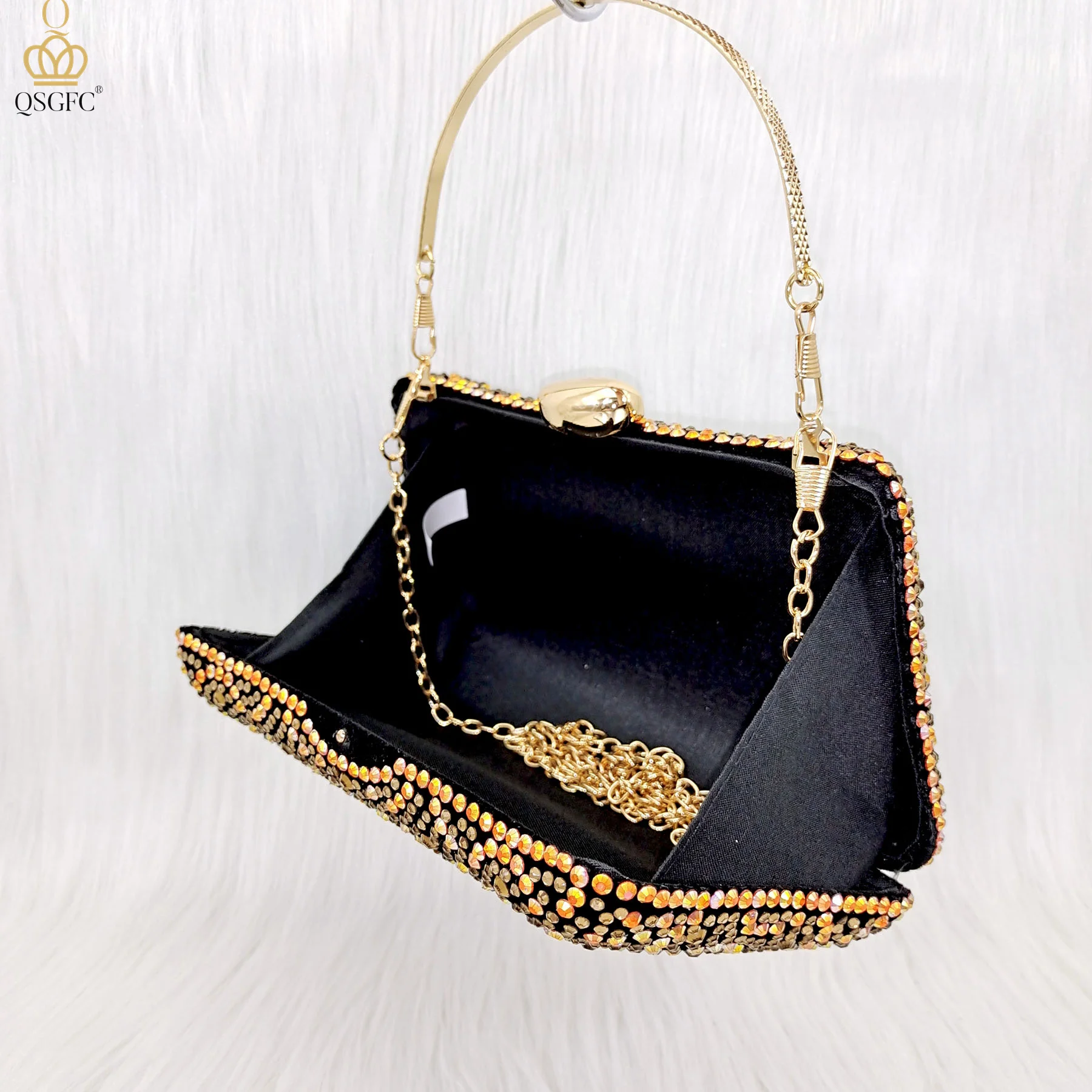 QSGFC Italian Design Fashion Crystal Sandals Nigeria Africa Popular High Heel Shoe Bag Set Casual Versatile Fish Mouth Shoes