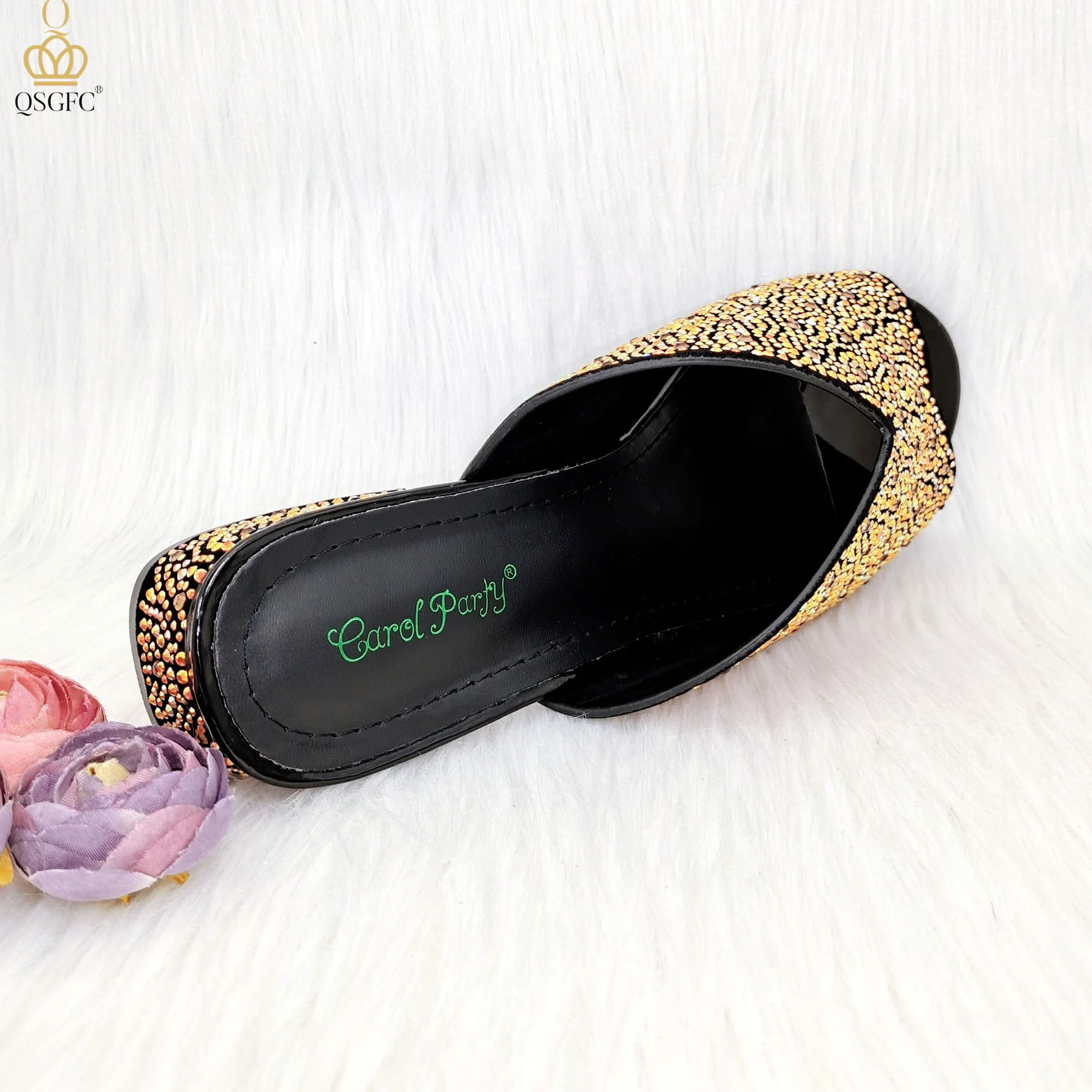QSGFC Italian Design Fashion Crystal Sandals Nigeria Africa Popular High Heel Shoe Bag Set Casual Versatile Fish Mouth Shoes