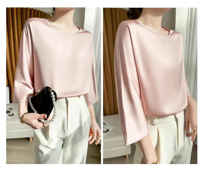 Summer New Short-Sleeved Acetic Acid Satin Round Neck Loose Joker T-Shirt Women's Mid-Sleeve Five-Point Sleeve Jacket Short