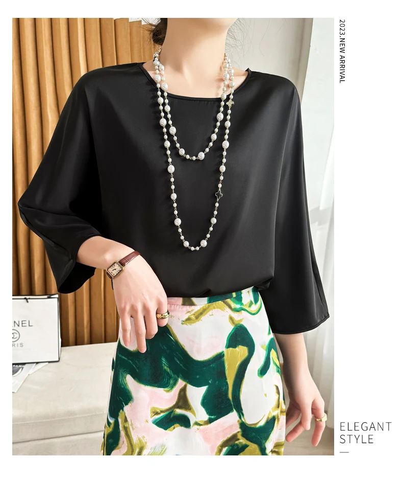 Summer New Short-Sleeved Acetic Acid Satin Round Neck Loose Joker T-Shirt Women's Mid-Sleeve Five-Point Sleeve Jacket Short