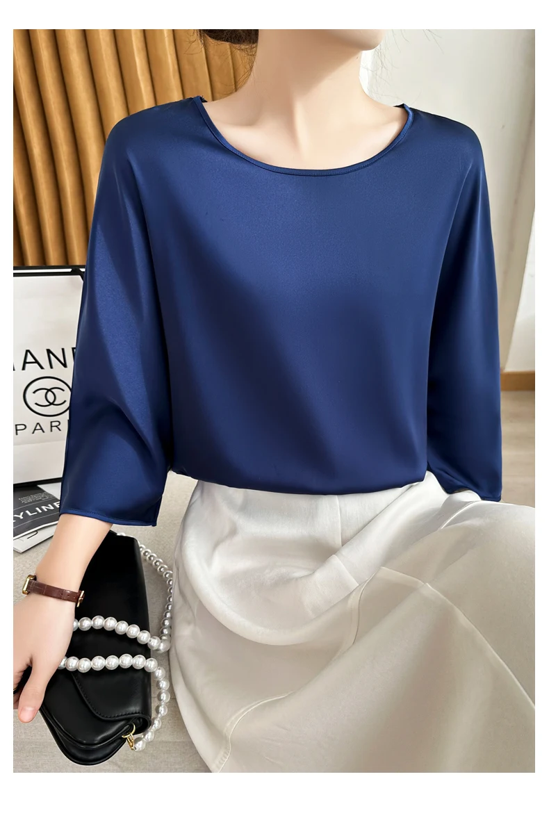 Summer New Short-Sleeved Acetic Acid Satin Round Neck Loose Joker T-Shirt Women's Mid-Sleeve Five-Point Sleeve Jacket Short