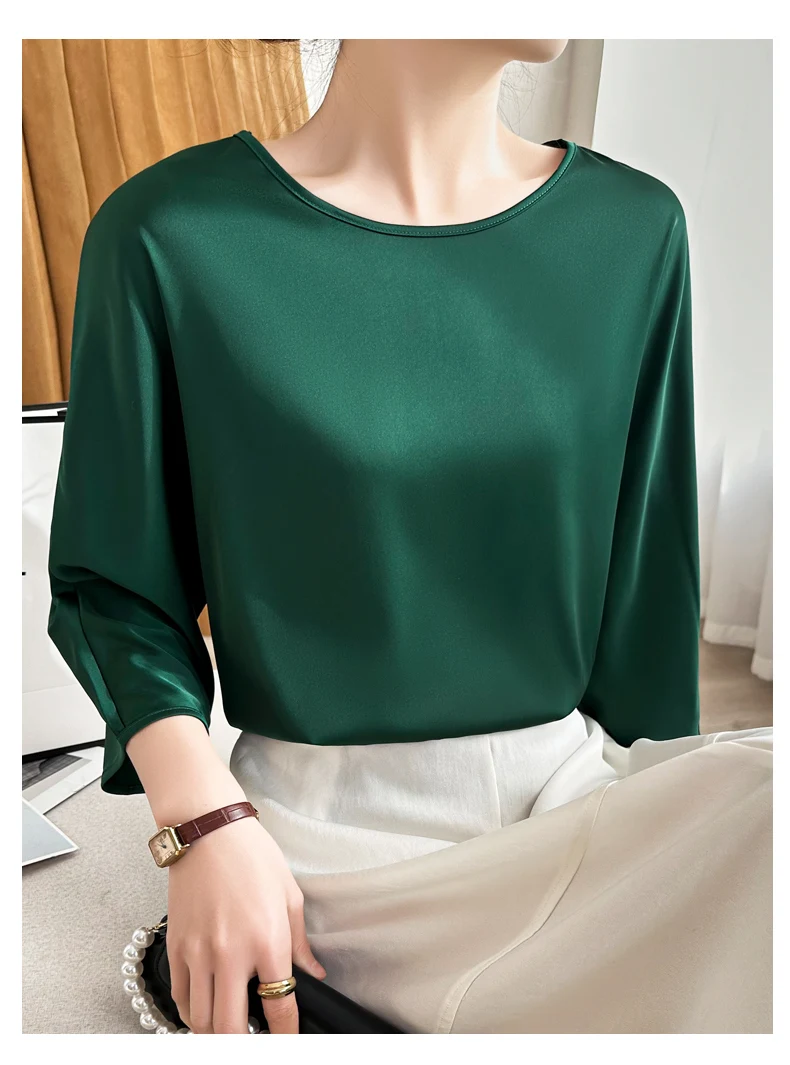 Summer New Short-Sleeved Acetic Acid Satin Round Neck Loose Joker T-Shirt Women's Mid-Sleeve Five-Point Sleeve Jacket Short