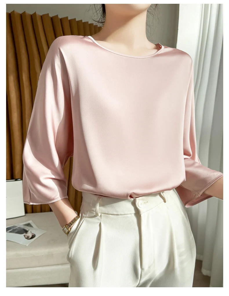 Summer New Short-Sleeved Acetic Acid Satin Round Neck Loose Joker T-Shirt Women's Mid-Sleeve Five-Point Sleeve Jacket Short