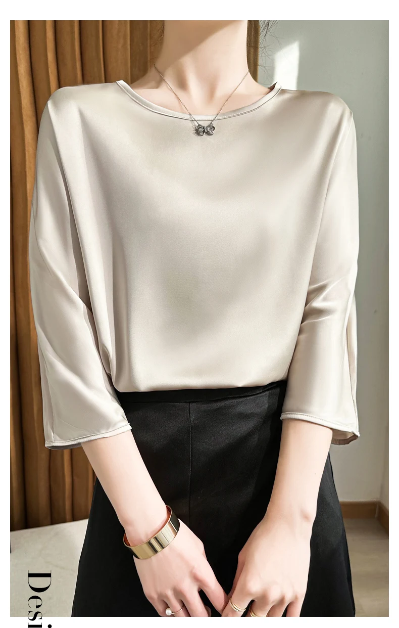 Summer New Short-Sleeved Acetic Acid Satin Round Neck Loose Joker T-Shirt Women's Mid-Sleeve Five-Point Sleeve Jacket Short