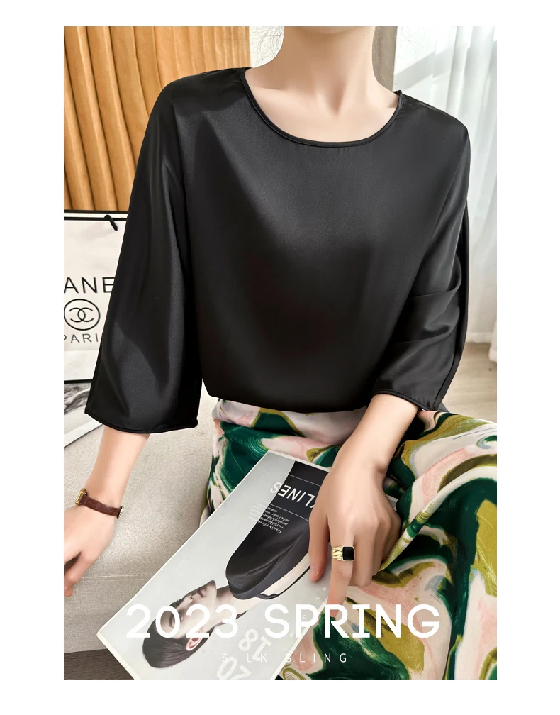 Summer New Short-Sleeved Acetic Acid Satin Round Neck Loose Joker T-Shirt Women's Mid-Sleeve Five-Point Sleeve Jacket Short