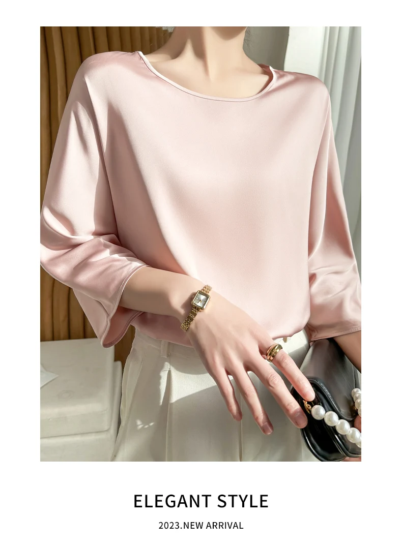 Summer New Short-Sleeved Acetic Acid Satin Round Neck Loose Joker T-Shirt Women's Mid-Sleeve Five-Point Sleeve Jacket Short