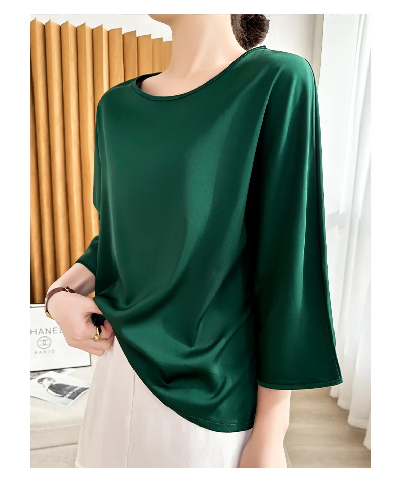 Summer New Short-Sleeved Acetic Acid Satin Round Neck Loose Joker T-Shirt Women's Mid-Sleeve Five-Point Sleeve Jacket Short