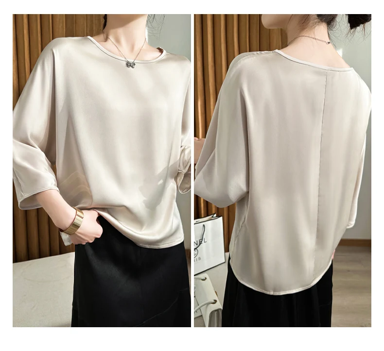Summer New Short-Sleeved Acetic Acid Satin Round Neck Loose Joker T-Shirt Women's Mid-Sleeve Five-Point Sleeve Jacket Short