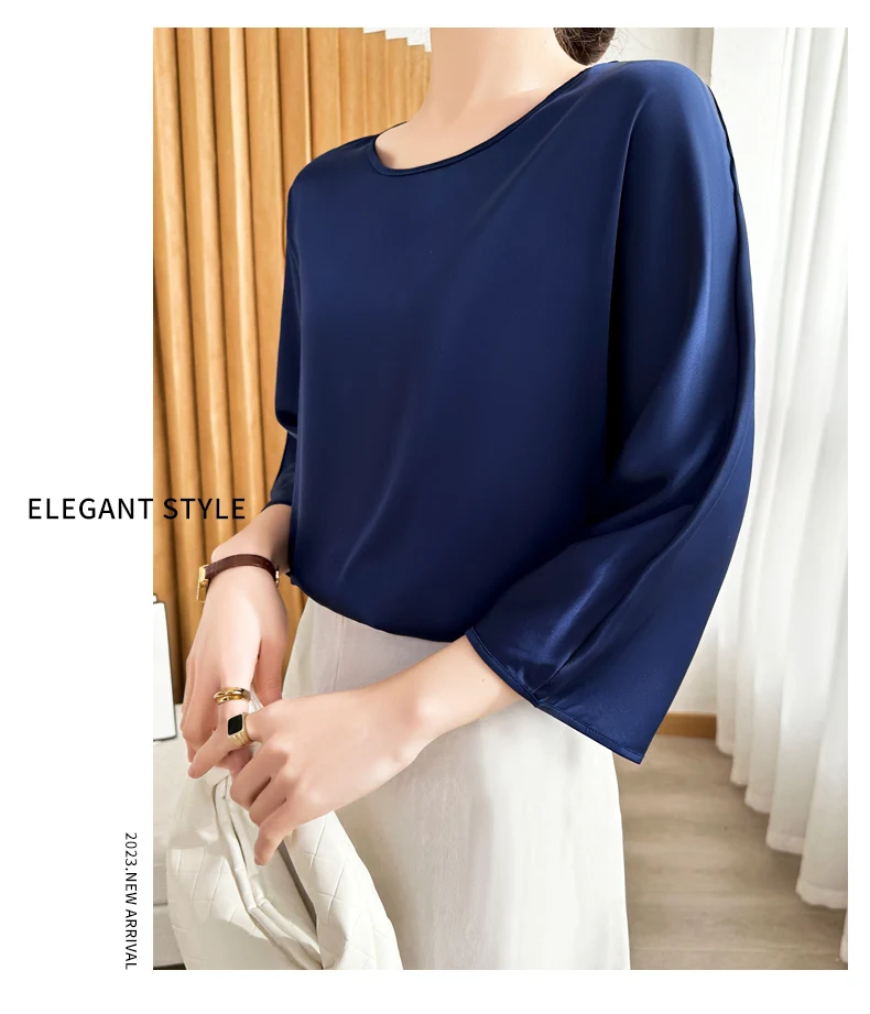 Summer New Short-Sleeved Acetic Acid Satin Round Neck Loose Joker T-Shirt Women's Mid-Sleeve Five-Point Sleeve Jacket Short