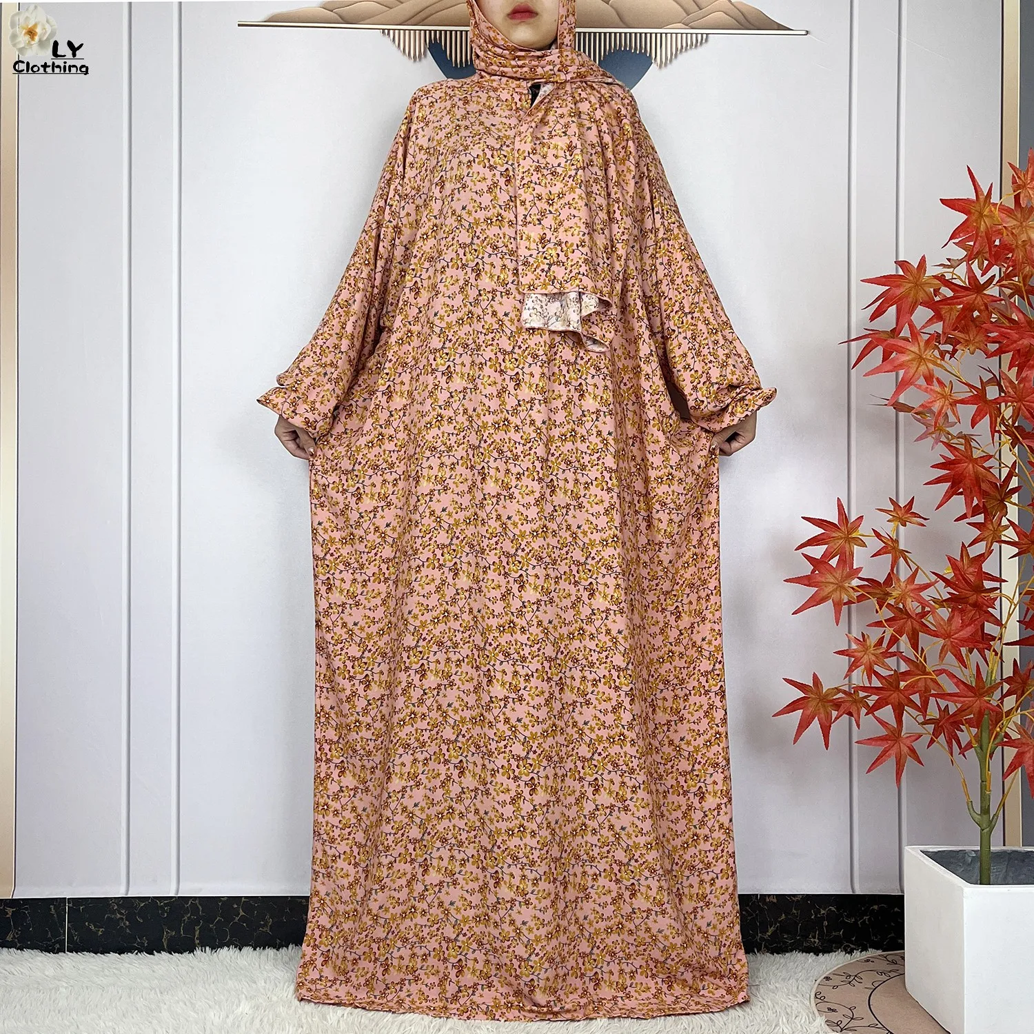 2024Latest Muslim Abayas For Women Ramadan Prayer Maxi Dubai Turkey Femme Cotton Robe Floral Loose African Dress Turban Attached