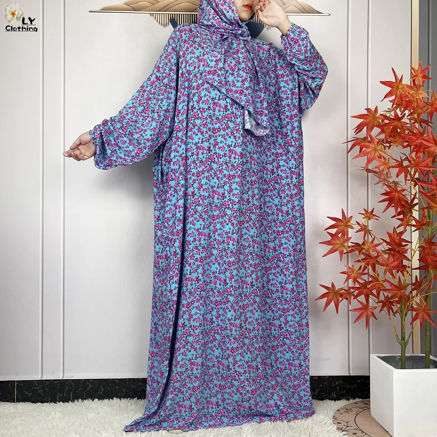 2024Latest Muslim Abayas For Women Ramadan Prayer Maxi Dubai Turkey Femme Cotton Robe Floral Loose African Dress Turban Attached