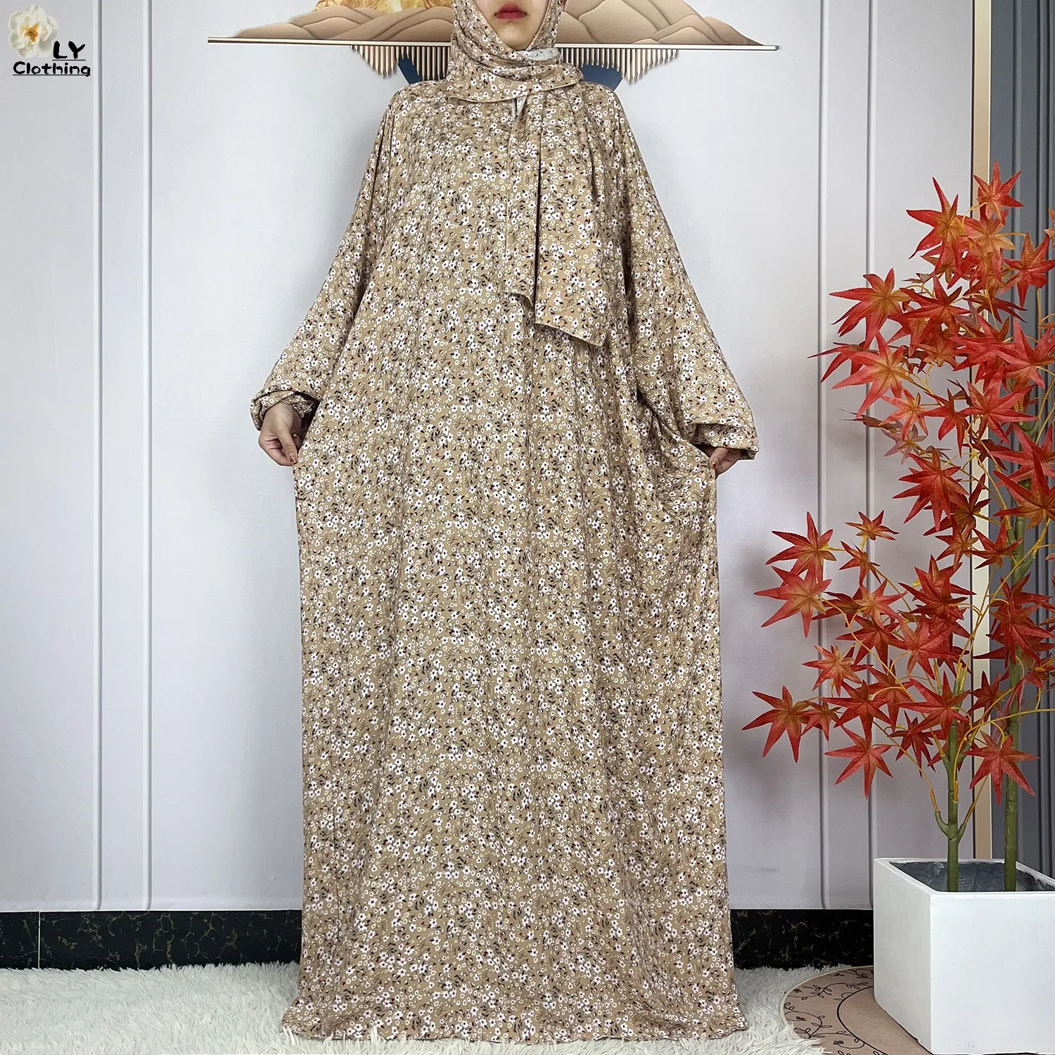 2024Latest Muslim Abayas For Women Ramadan Prayer Maxi Dubai Turkey Femme Cotton Robe Floral Loose African Dress Turban Attached