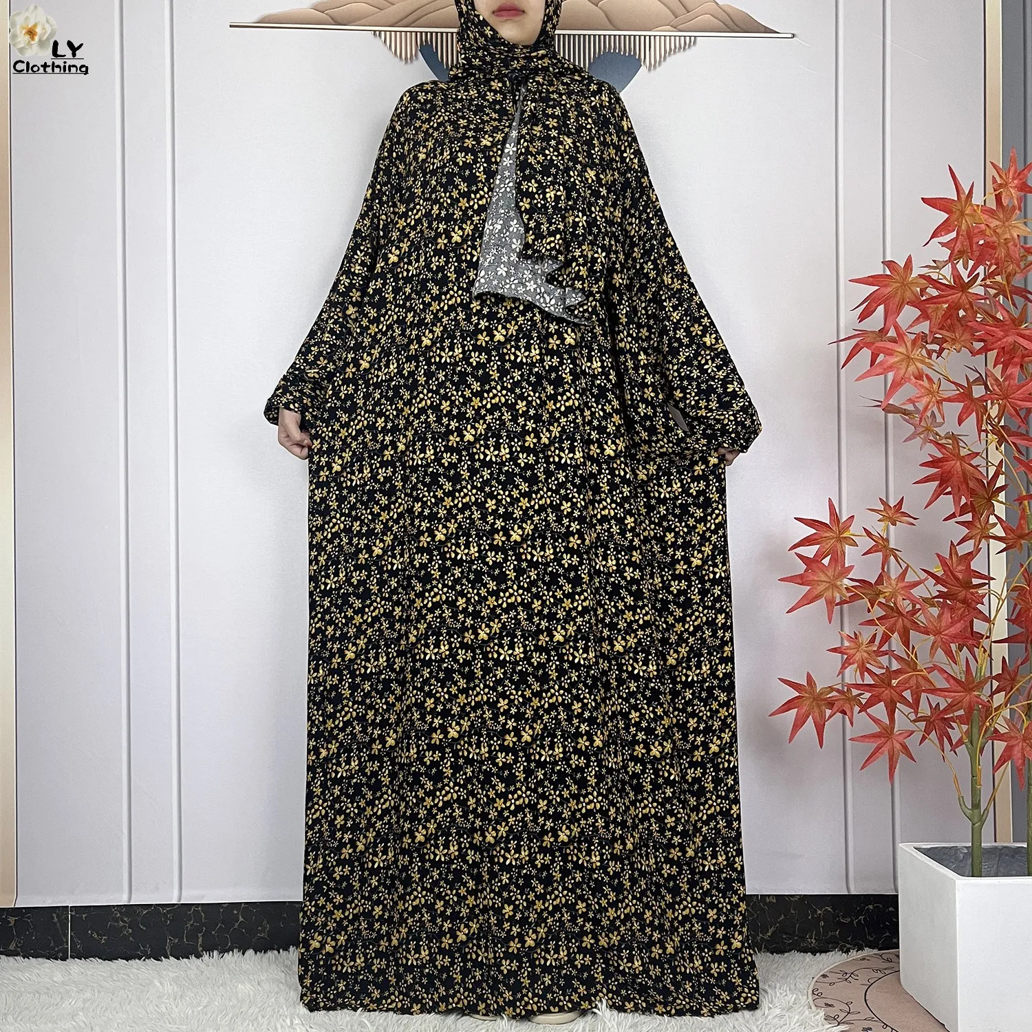 2024Latest Muslim Abayas For Women Ramadan Prayer Maxi Dubai Turkey Femme Cotton Robe Floral Loose African Dress Turban Attached