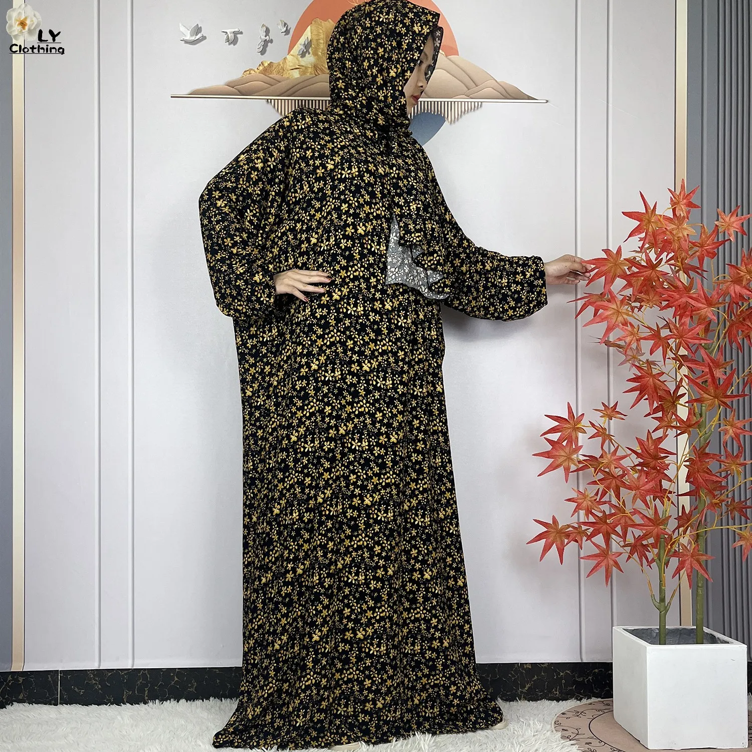 2024Latest Muslim Abayas For Women Ramadan Prayer Maxi Dubai Turkey Femme Cotton Robe Floral Loose African Dress Turban Attached