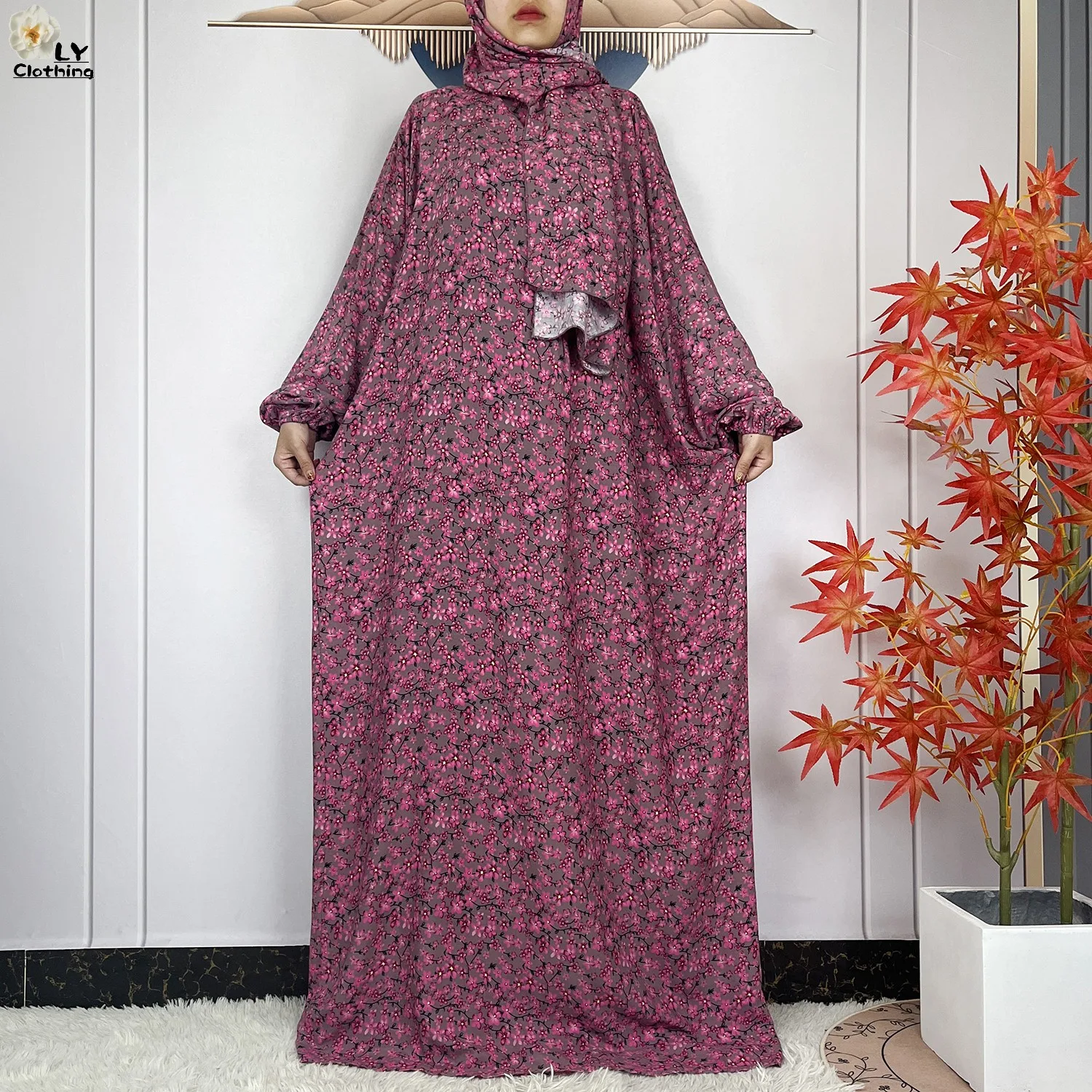 2024Latest Muslim Abayas For Women Ramadan Prayer Maxi Dubai Turkey Femme Cotton Robe Floral Loose African Dress Turban Attached