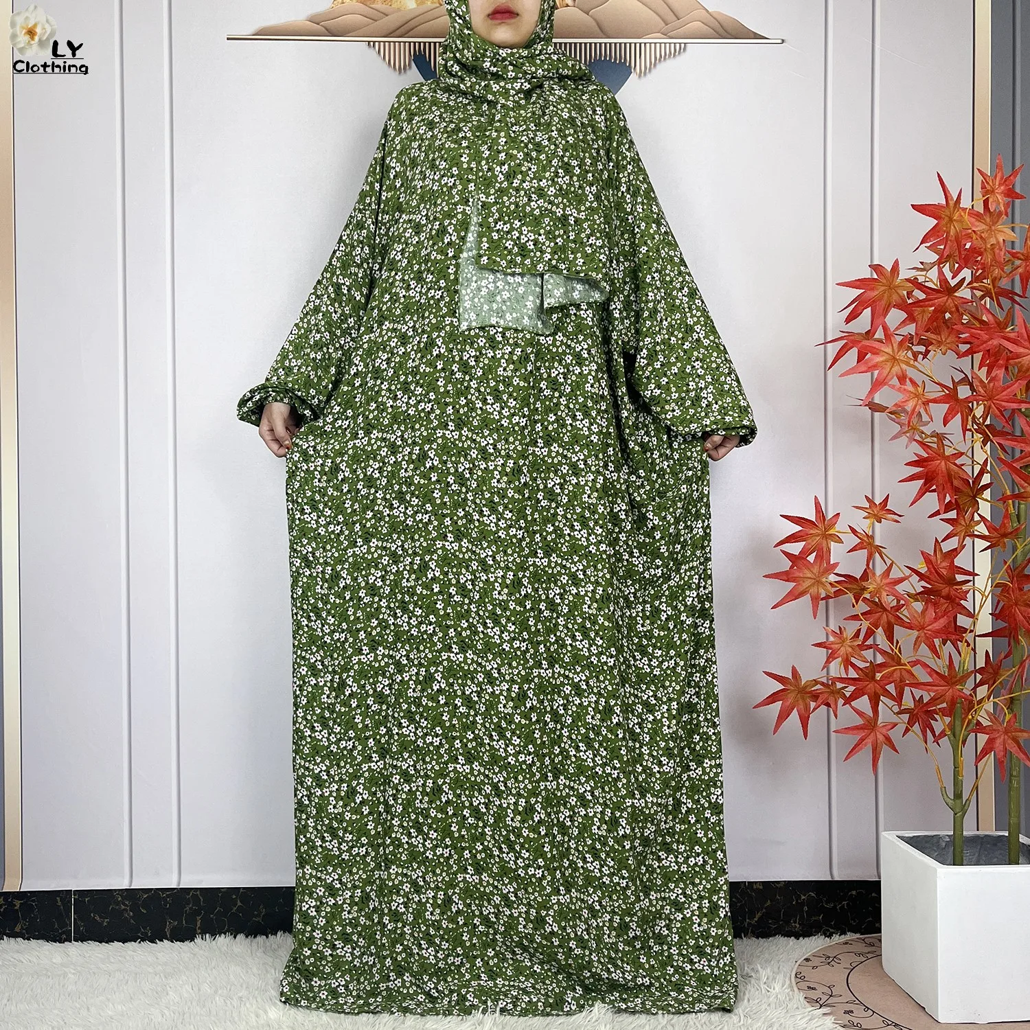 2024Latest Muslim Abayas For Women Ramadan Prayer Maxi Dubai Turkey Femme Cotton Robe Floral Loose African Dress Turban Attached