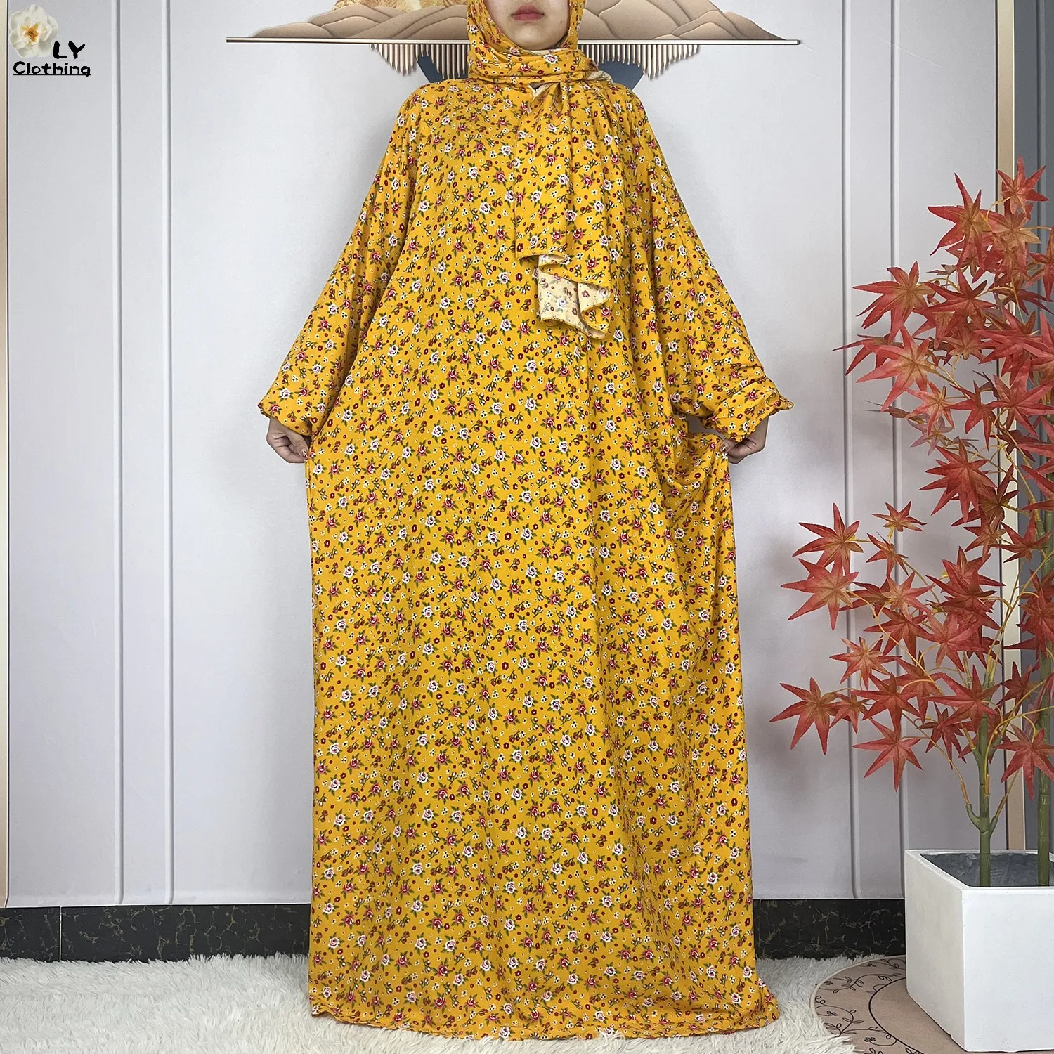 2024Latest Muslim Abayas For Women Ramadan Prayer Maxi Dubai Turkey Femme Cotton Robe Floral Loose African Dress Turban Attached