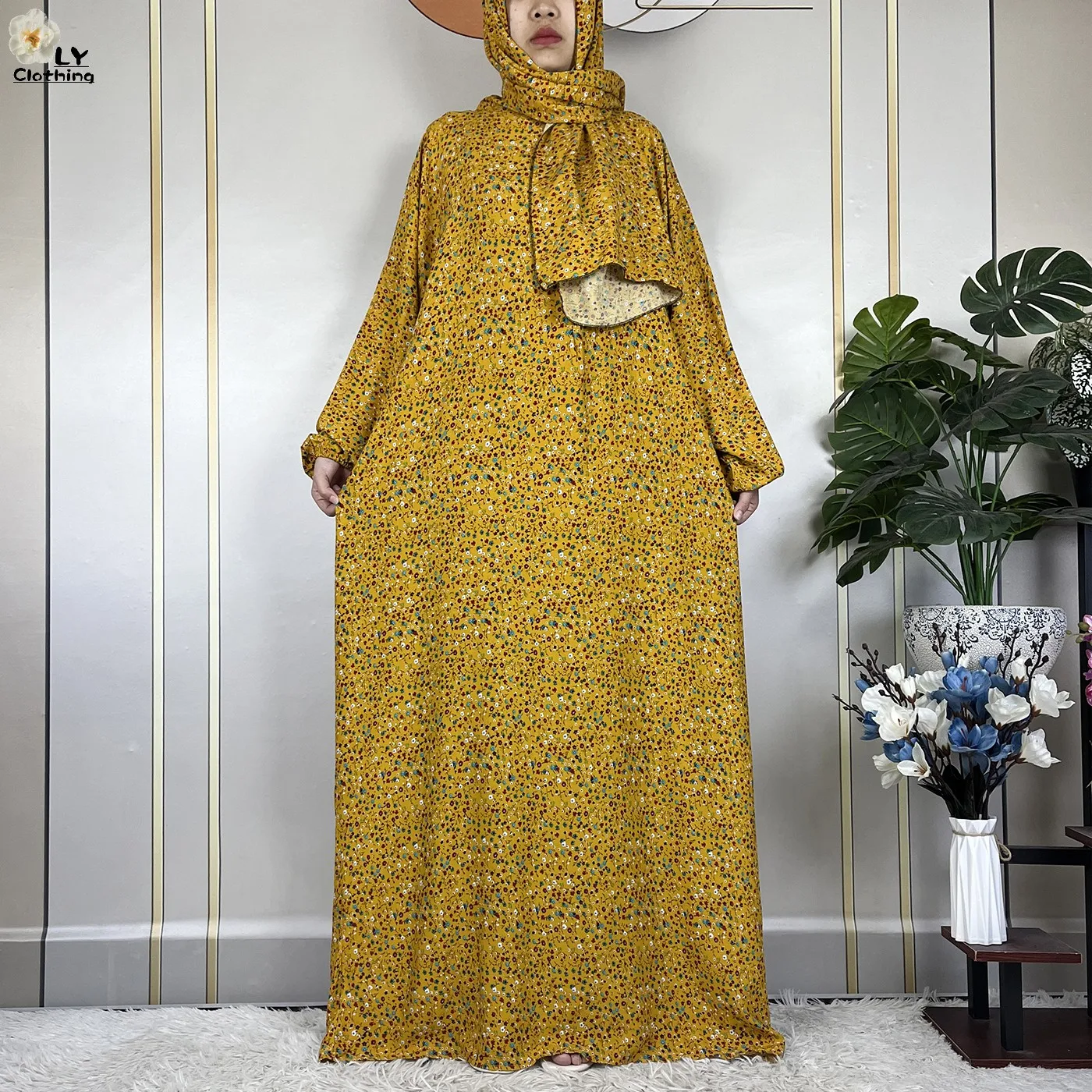 2024Latest Muslim Abayas For Women Ramadan Prayer Maxi Dubai Turkey Femme Cotton Robe Floral Loose African Dress Turban Attached