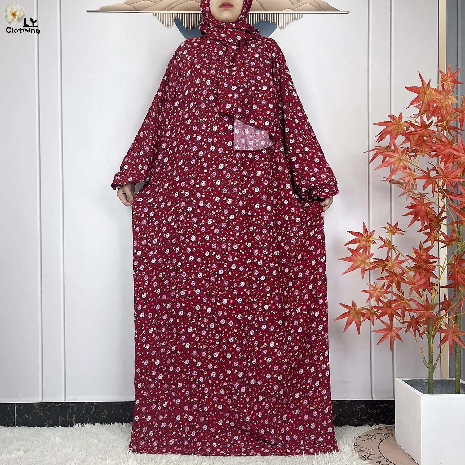 2024Latest Muslim Abayas For Women Ramadan Prayer Maxi Dubai Turkey Femme Cotton Robe Floral Loose African Dress Turban Attached