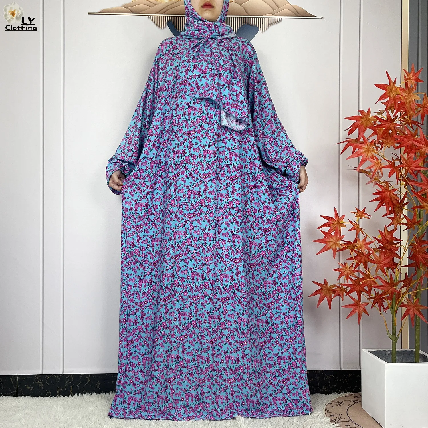 2024Latest Muslim Abayas For Women Ramadan Prayer Maxi Dubai Turkey Femme Cotton Robe Floral Loose African Dress Turban Attached