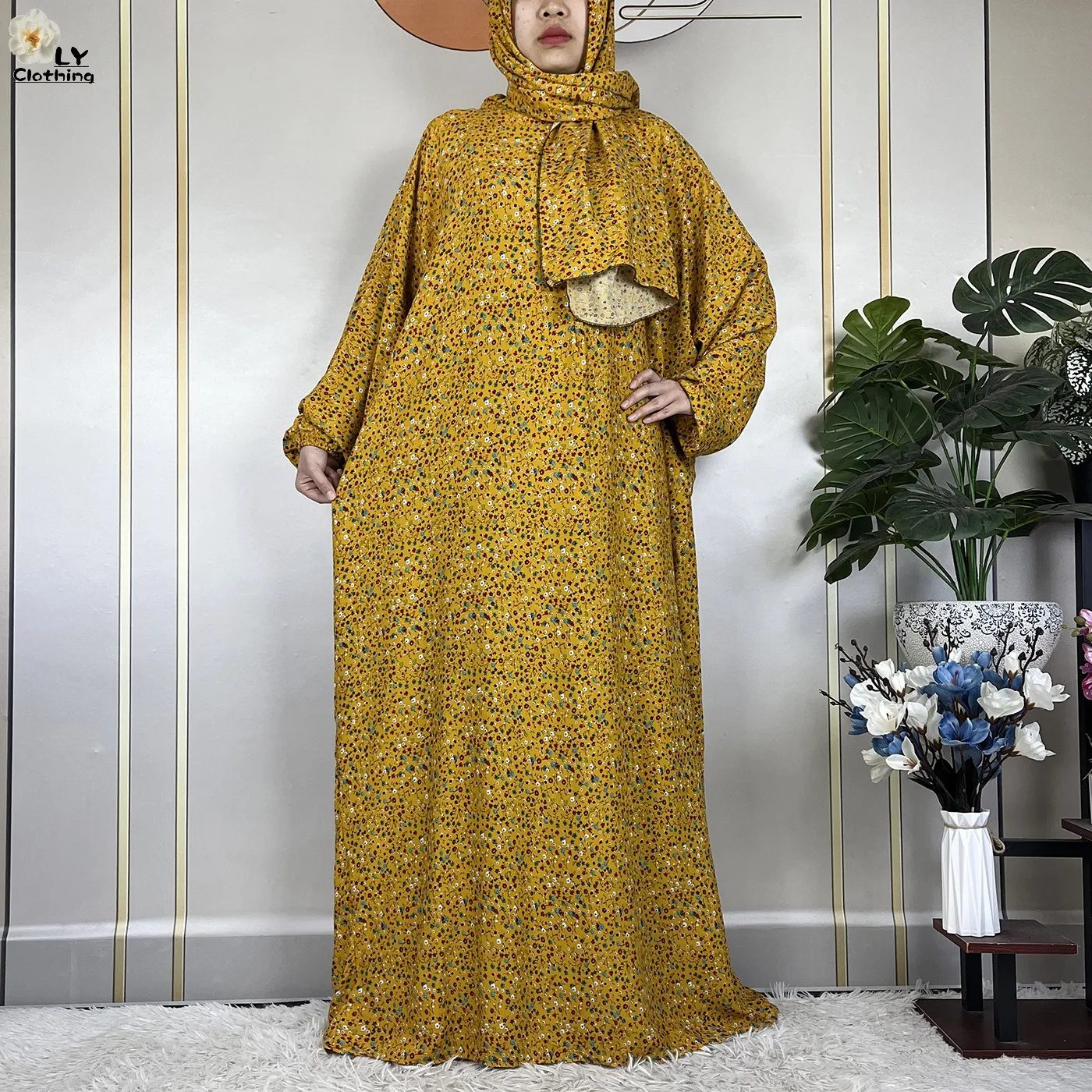 2024Latest Muslim Abayas For Women Ramadan Prayer Maxi Dubai Turkey Femme Cotton Robe Floral Loose African Dress Turban Attached
