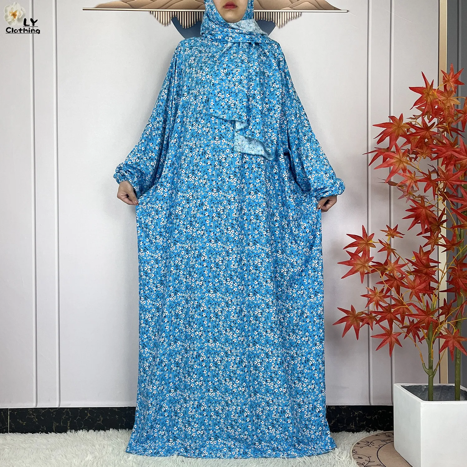 2024Latest Muslim Abayas For Women Ramadan Prayer Maxi Dubai Turkey Femme Cotton Robe Floral Loose African Dress Turban Attached