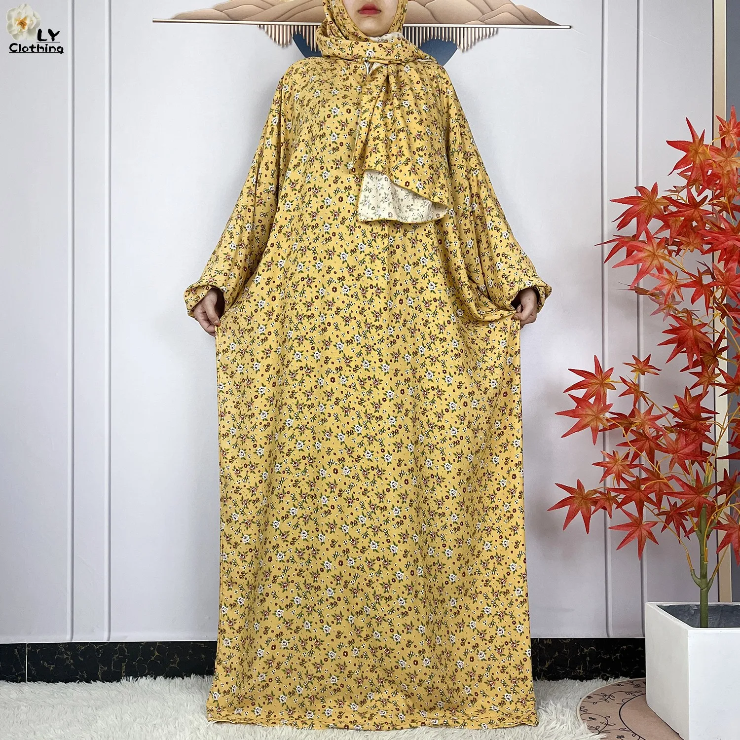 2024Latest Muslim Abayas For Women Ramadan Prayer Maxi Dubai Turkey Femme Cotton Robe Floral Loose African Dress Turban Attached