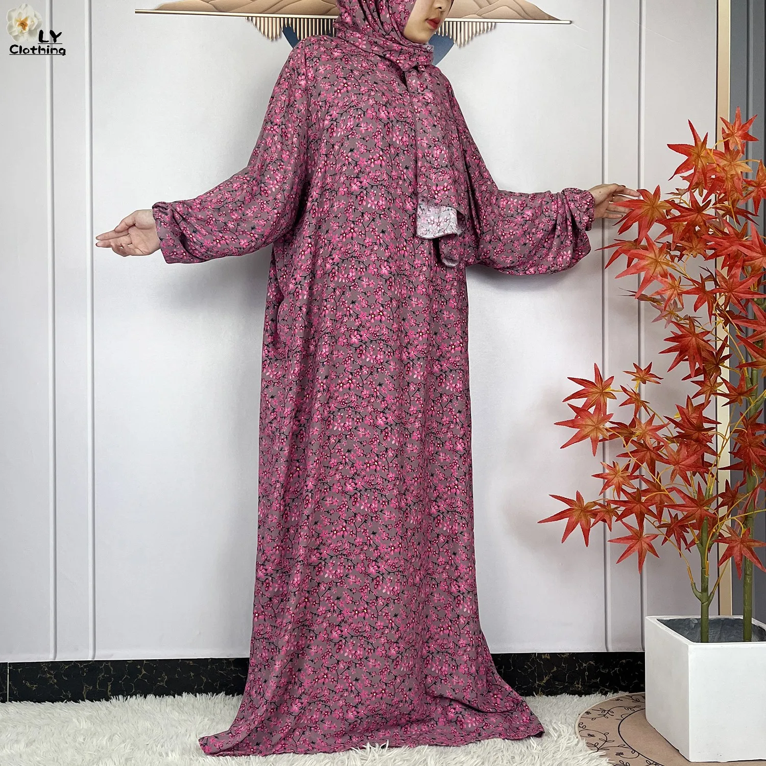 2024Latest Muslim Abayas For Women Ramadan Prayer Maxi Dubai Turkey Femme Cotton Robe Floral Loose African Dress Turban Attached