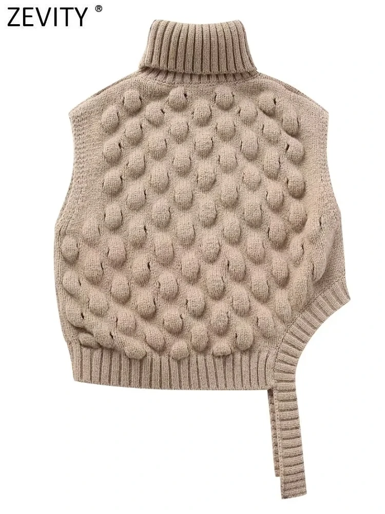 Zevity 2023 Women Fashion Sleeveless High Collar Texture Knitting Vest Sweater Female Irregular Crop Pullovers Coat Tops SW5527